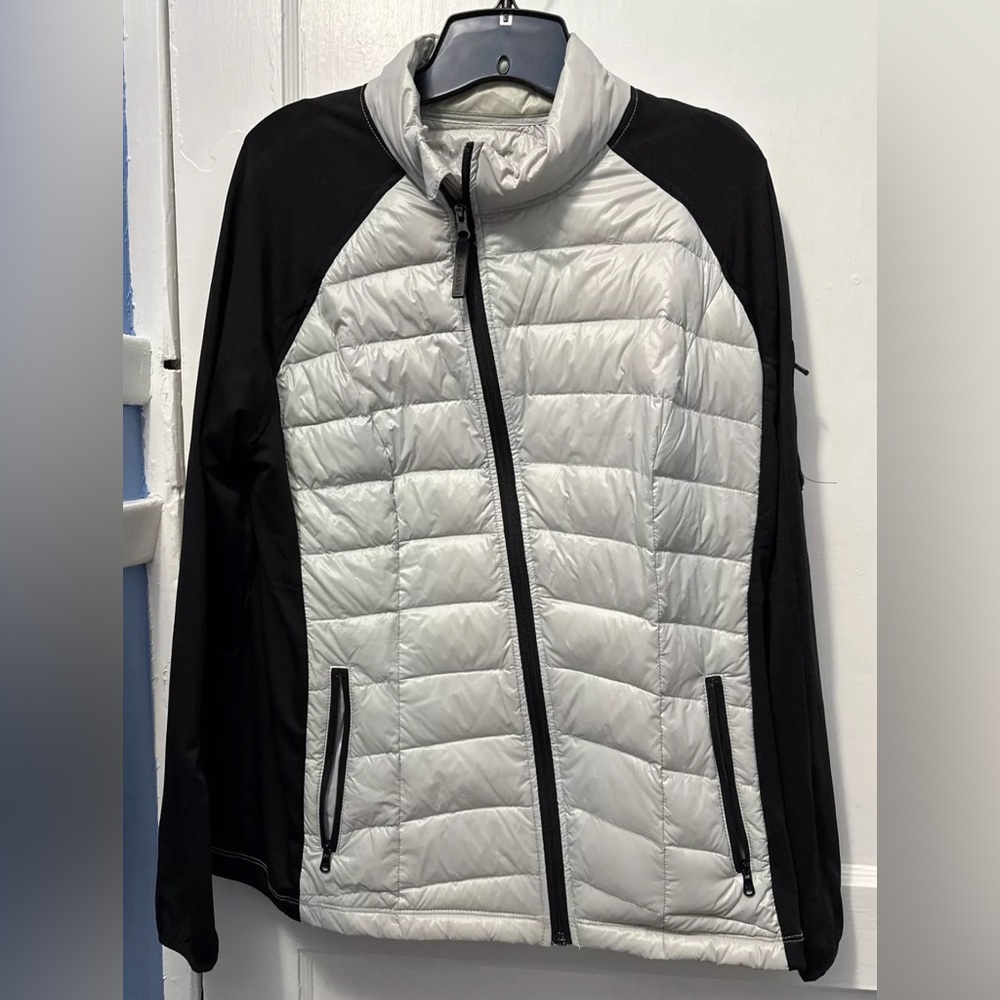 Packable Calvin Klein Black/Gray Puffy Jacket With Knit Sleeves Women's Size XL